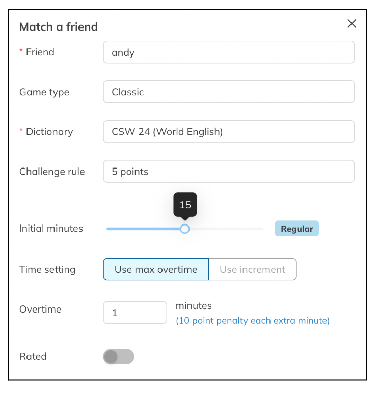 Image of the Game Settings dialog box, including fields to enter the opponent’s name, game type, dictionary type, challenge rule, time settings, and rated/unrated toggle.